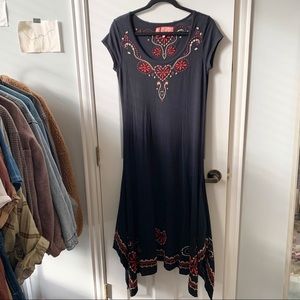 Johnny Was black embroidered midi dress